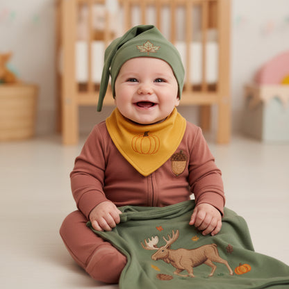 Embroidered Maple Leaf Beanie – Autumn Leaf Heirloom Box (100% Cotton, Forest Green)