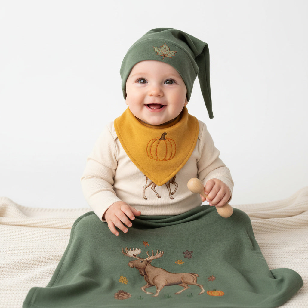 Embroidered Autumn Blanket – Autumn Leaf Heirloom Box (100% Organic Cotton, Cactus Green)