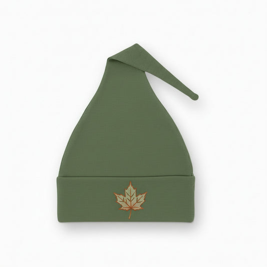 Embroidered Maple Leaf Beanie – Autumn Leaf Heirloom Box (100% Cotton, Forest Green)