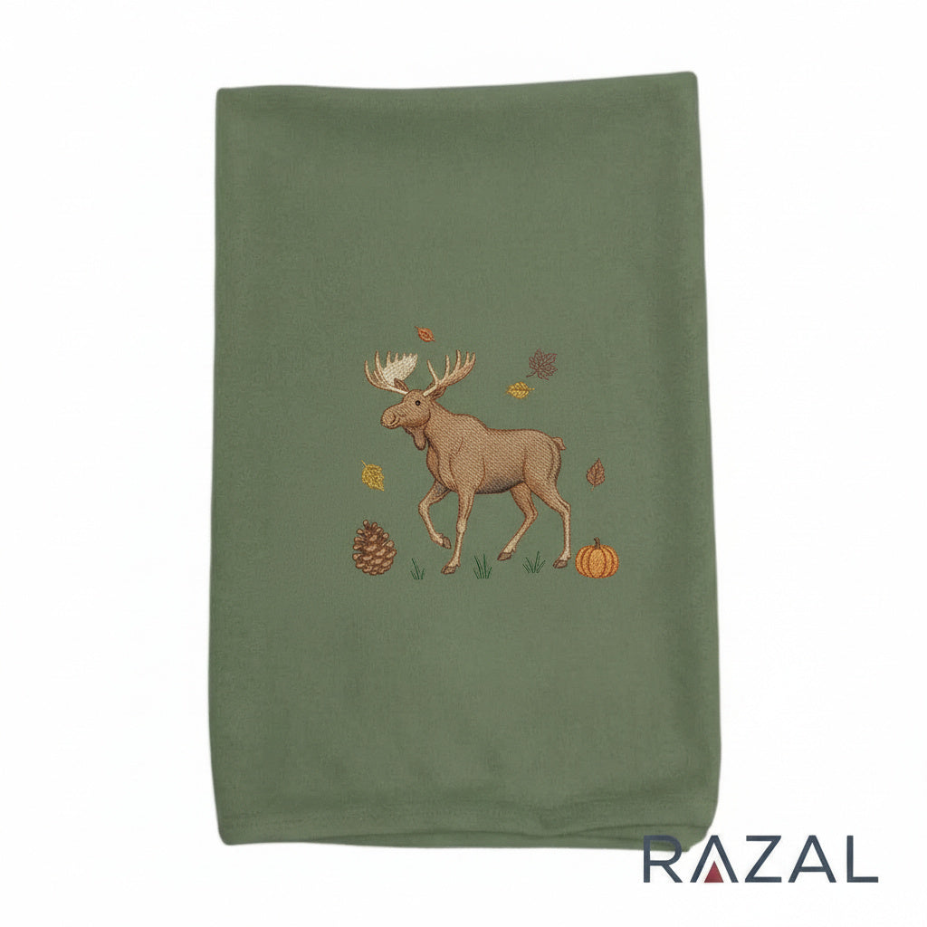 Embroidered Autumn Blanket – Autumn Leaf Heirloom Box (100% Organic Cotton, Cactus Green)