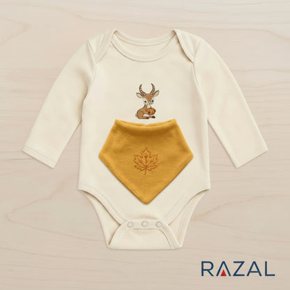 Embroidered Leaf Bib – Harvest Snuggle Set (100% Cotton, Mustard Yellow)