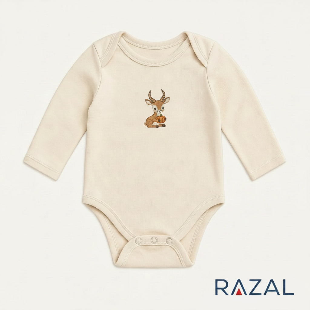 Embroidered Gazelle Bodysuit – Harvest Snuggle Set (100% Cotton, Natural)