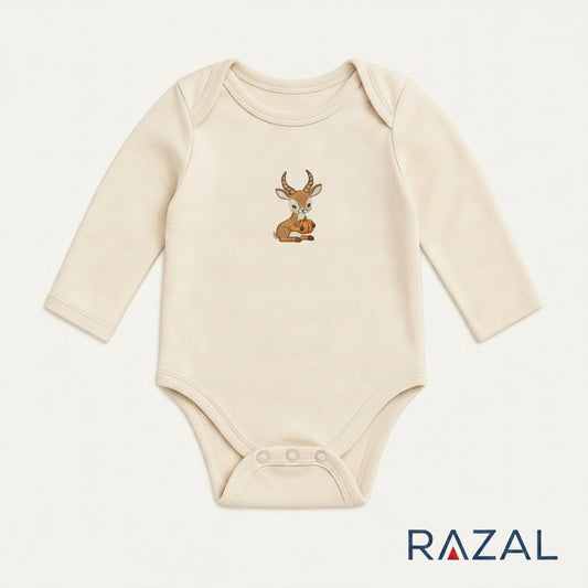 Embroidered Gazelle Bodysuit – Harvest Snuggle Set (100% Cotton, Natural)