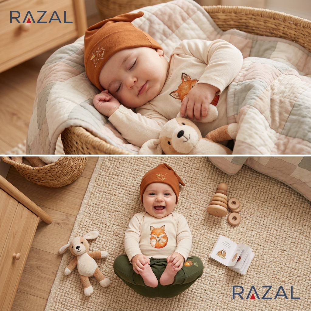 Embroidered Leaf Knotted Baby Beanie – Cozy Fall Welcome (100% Cotton, Ginger)