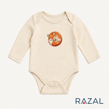 Embroidered Fox Bodysuit – Cozy Fall Welcome (100% Cotton, Natural Color)