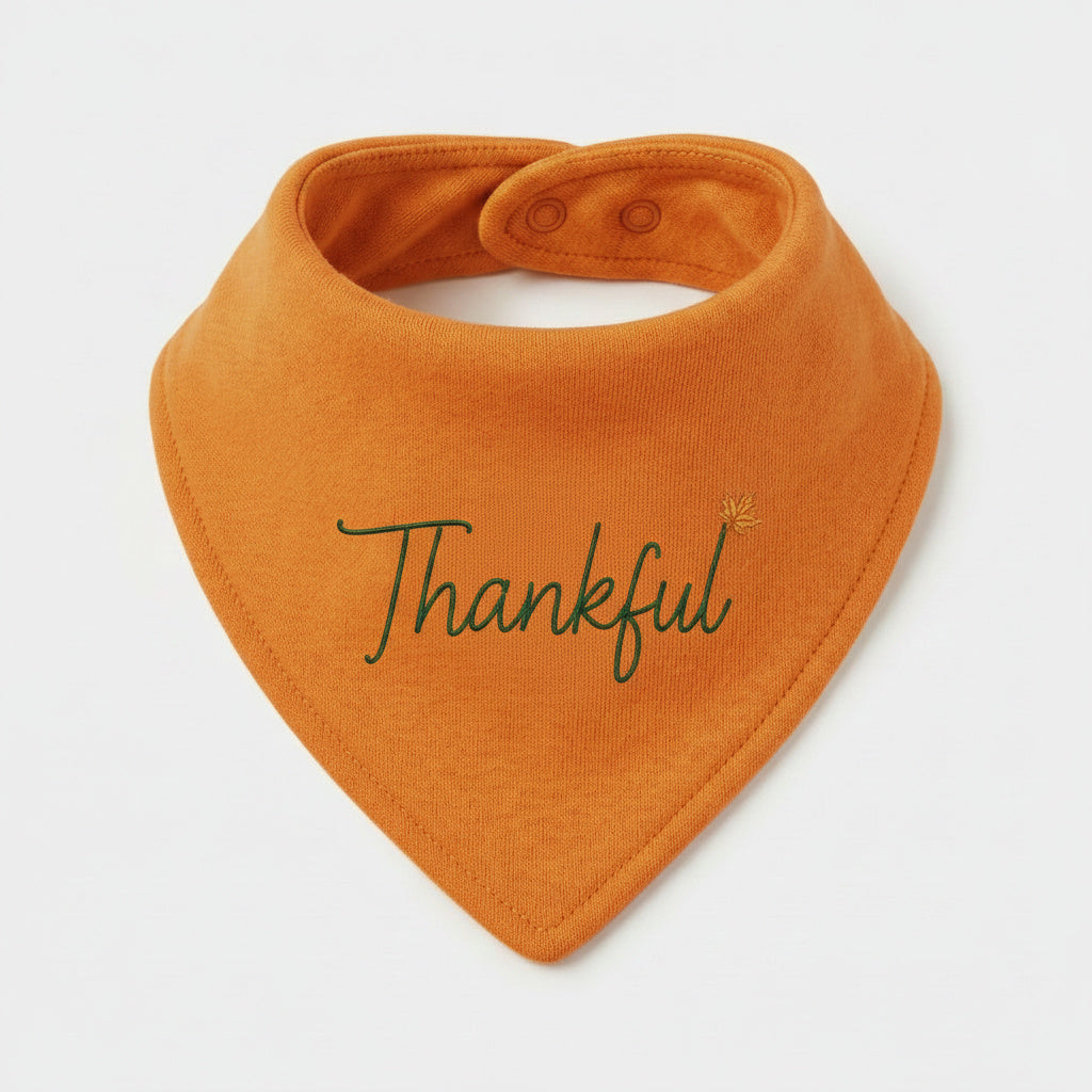 Embroidered "Thankful" Bib – Thanksgiving Table Set (100% Cotton, Orange)